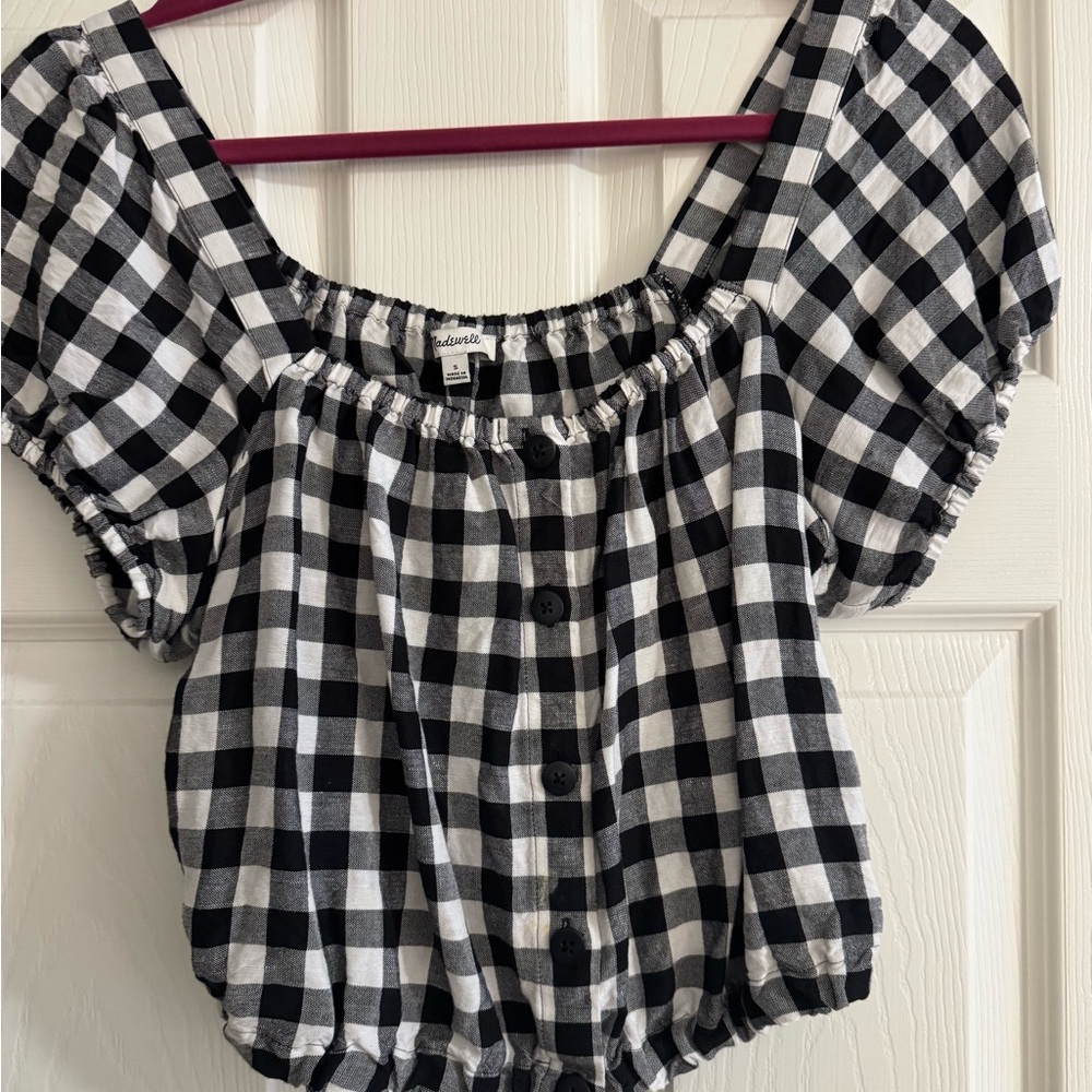 Madewell Black and White Puff Sleeve Crop Blouse